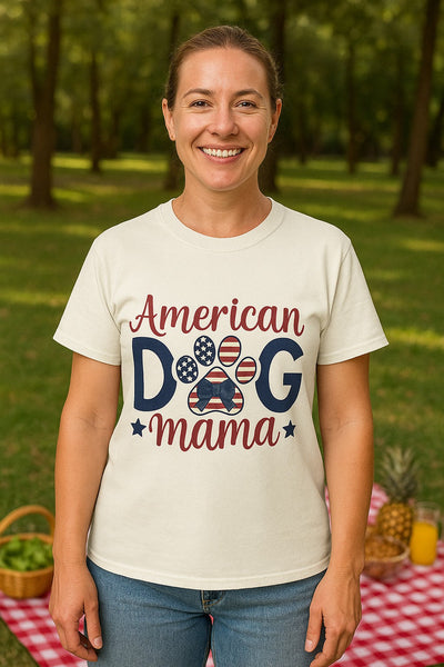 American Dog Mama Shirt - Patriotic Dog Mom T-Shirt - USA Flag Paw Print Tee - 4th of July Dog Lover Gift for Women - 4th of July Apparel Printify
