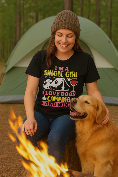 Single Girl Who Loves Dogs Camping and Wine Tee, Funny Pet Lover Campfire Shirt, Wine and Dog Lovers T Shirt, Cute Single Girl Shirt Printify