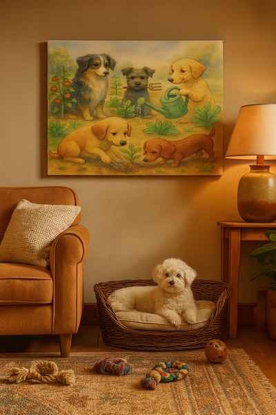 Canvas Wall Art, Puppy Garden Print, Dog Nursery Decor, Watercolor Dog Art, Dogs in the Garden, Farmhouse Style Pet Art, Playful Puppies Printify