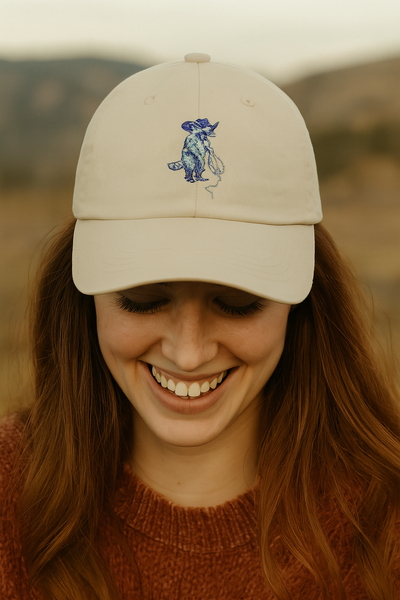Embroidered Cowboy Raccoon Cap, Animal Lover Hat, Western Style Dad Hat, Beige Cotton Low-Profile Baseball Cap, Quirky Fashion Accessory Printify