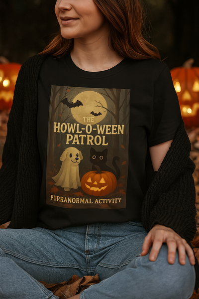 Howl O Ween Patrol T-Shirt, Cute Dog & Cat Halloween Shirt, Purranormal Activity Graphic Tee, Spooky Pet Lover Apparel Printify