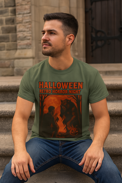 Halloween Retro Horror Night T Shirt   Vintage Werewolf Campfire Scene, Spooky Forest Graphic Tee for Halloween Lovers Printify