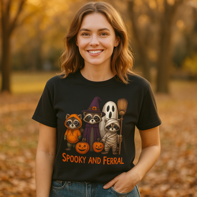 Halloween Raccoon T-shirt, Spooky Season Unisex Tee, Fall Atmosphere Ghosts Witches Costume Party Shirt, Festive Holiday Adult Clothing - Clawsy.store