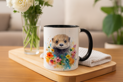Cute Otter Floral Coffee Mug, Watercolor Animal Lover Gift, Red Handle Ceramic Cup Colorful Otter Coffee Mug, Floral Design, Cute Animal Mug Printify