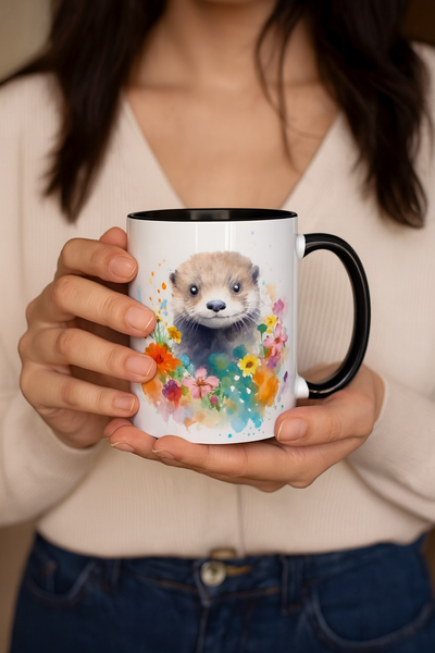 Cute Otter Floral Coffee Mug, Watercolor Animal Lover Gift, Red Handle Ceramic Cup Colorful Otter Coffee Mug, Floral Design, Cute Animal Mug Printify