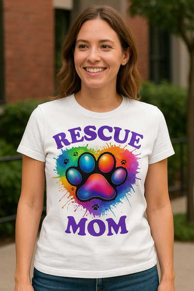 Rescue Mom T-shirt - Colorful Paw Print Shirt for Dog Lovers, Animal Rescue Volunteer Gift Printify
