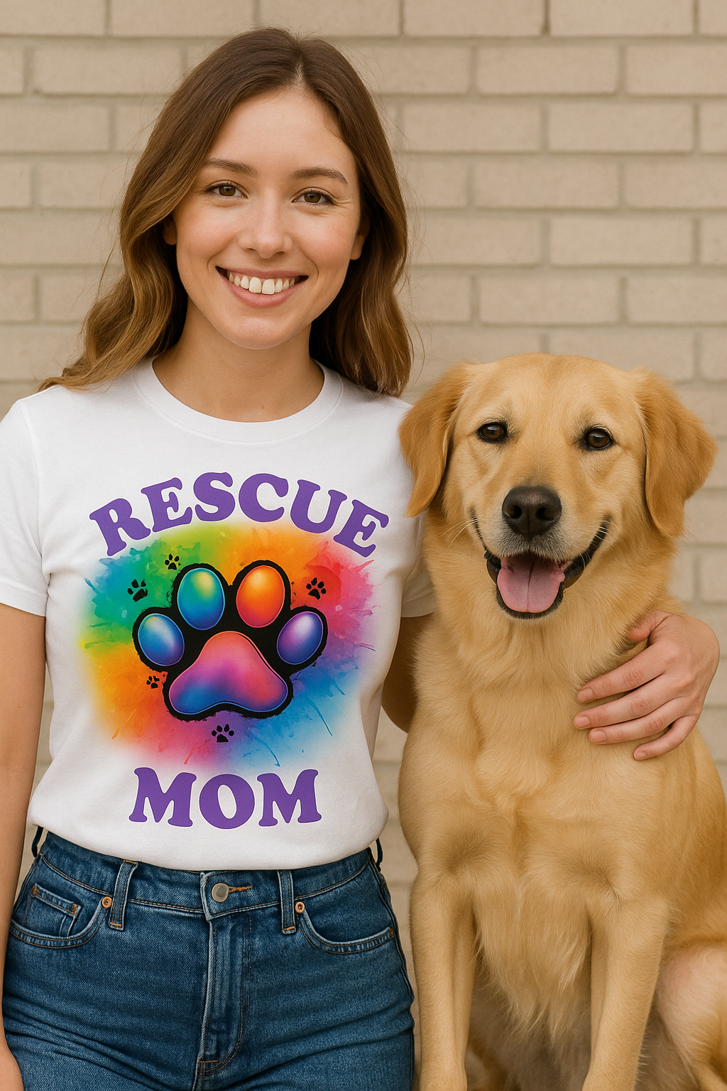Rescue Mom T-shirt - Colorful Paw Print Shirt for Dog Lovers, Animal Rescue Volunteer Gift Printify