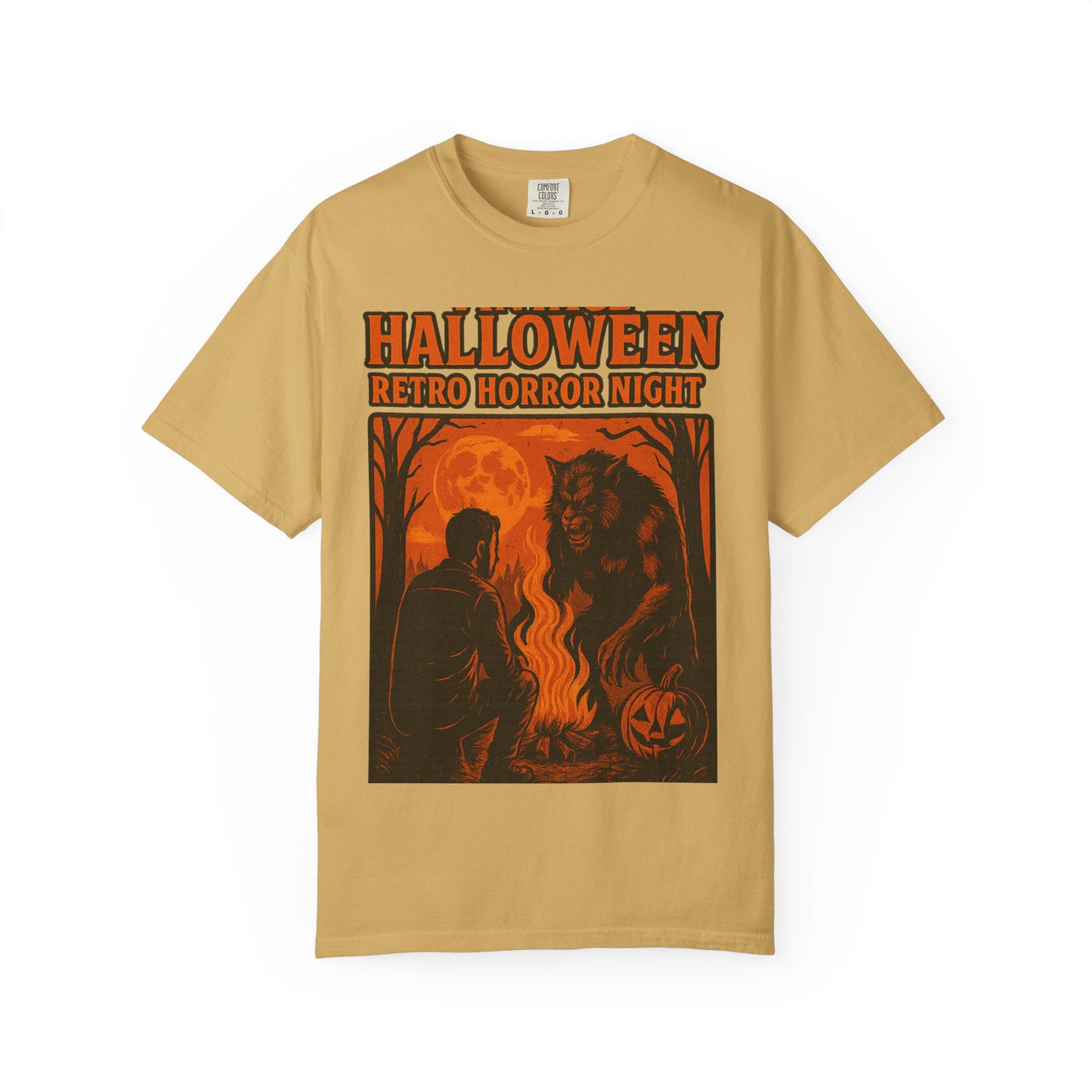 Halloween Retro Horror Night T Shirt   Vintage Werewolf Campfire Scene, Spooky Forest Graphic Tee for Halloween Lovers Printify