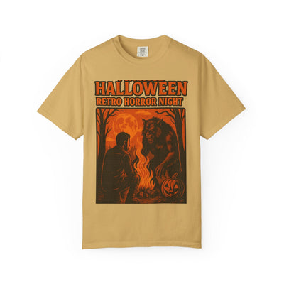 Halloween Retro Horror Night T Shirt   Vintage Werewolf Campfire Scene, Spooky Forest Graphic Tee for Halloween Lovers Printify