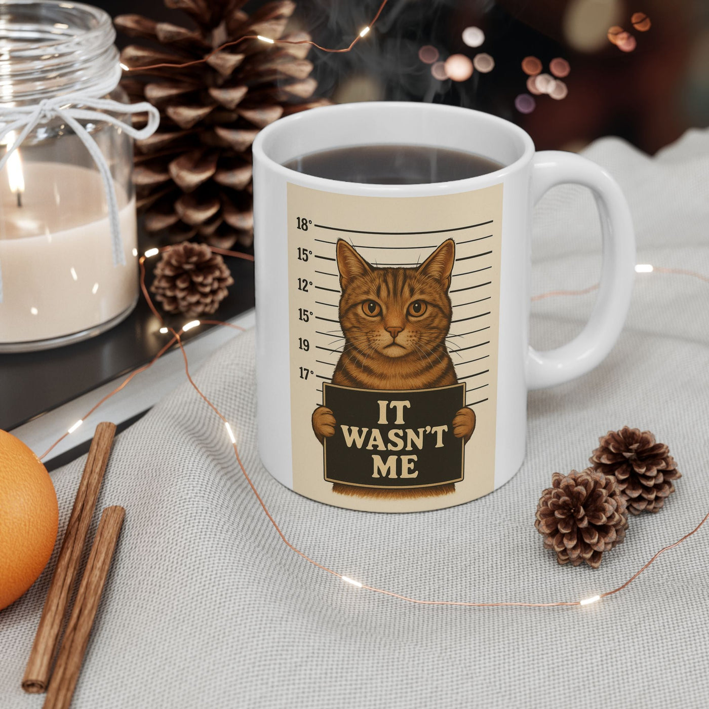 Ceramic Mug - It Wasn't Me Cat Mugshot Design, Funny Cat Lover Gift, Retro Text, Humorous Palette, Cat Parent Gift, Office Mug, Cat Truth Printify