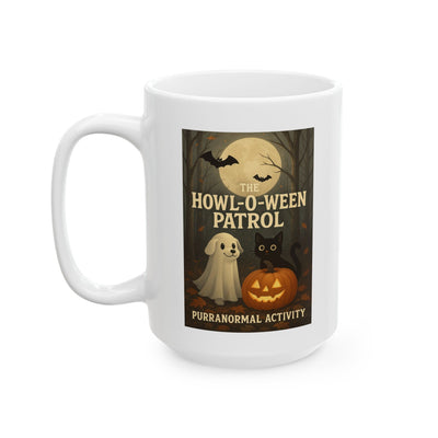 Spooky Halloween Mug, Ghost Pup, Black Cat, Pumpkin Design, Gift for Pet Lovers, 'Purranormal' Activity, Coffee Tea Hot Cocoa Cup, Vibrant Printify