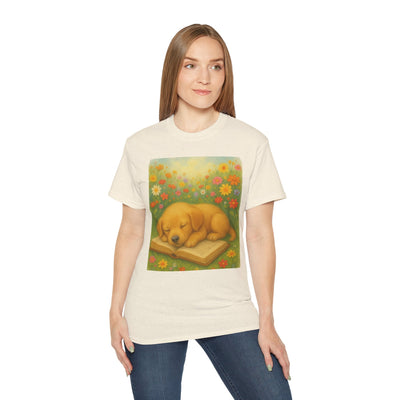 Cozy Literary Pup Tee, Cute Dog Shirt, Book Lover Gift, Floral Graphic Tee, Animal Lover Apparel Printify