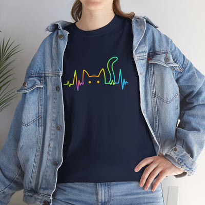 Rainbow Cat EKG Unisex T-Shirt - Cute Cat Lover Tee, Vibrant Pet Parent Shirt, Nurse Vet Tech Gift, Minimalist Cat Silhouette, Colorful Printify
