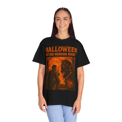 Halloween Retro Horror Night T Shirt   Vintage Werewolf Campfire Scene, Spooky Forest Graphic Tee for Halloween Lovers Printify