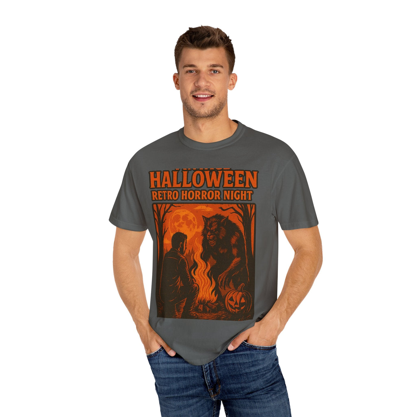Halloween Retro Horror Night T Shirt   Vintage Werewolf Campfire Scene, Spooky Forest Graphic Tee for Halloween Lovers Printify