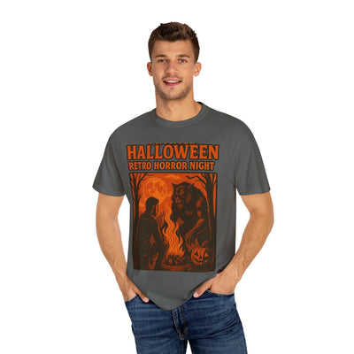 Halloween Retro Horror Night T Shirt   Vintage Werewolf Campfire Scene, Spooky Forest Graphic Tee for Halloween Lovers Printify