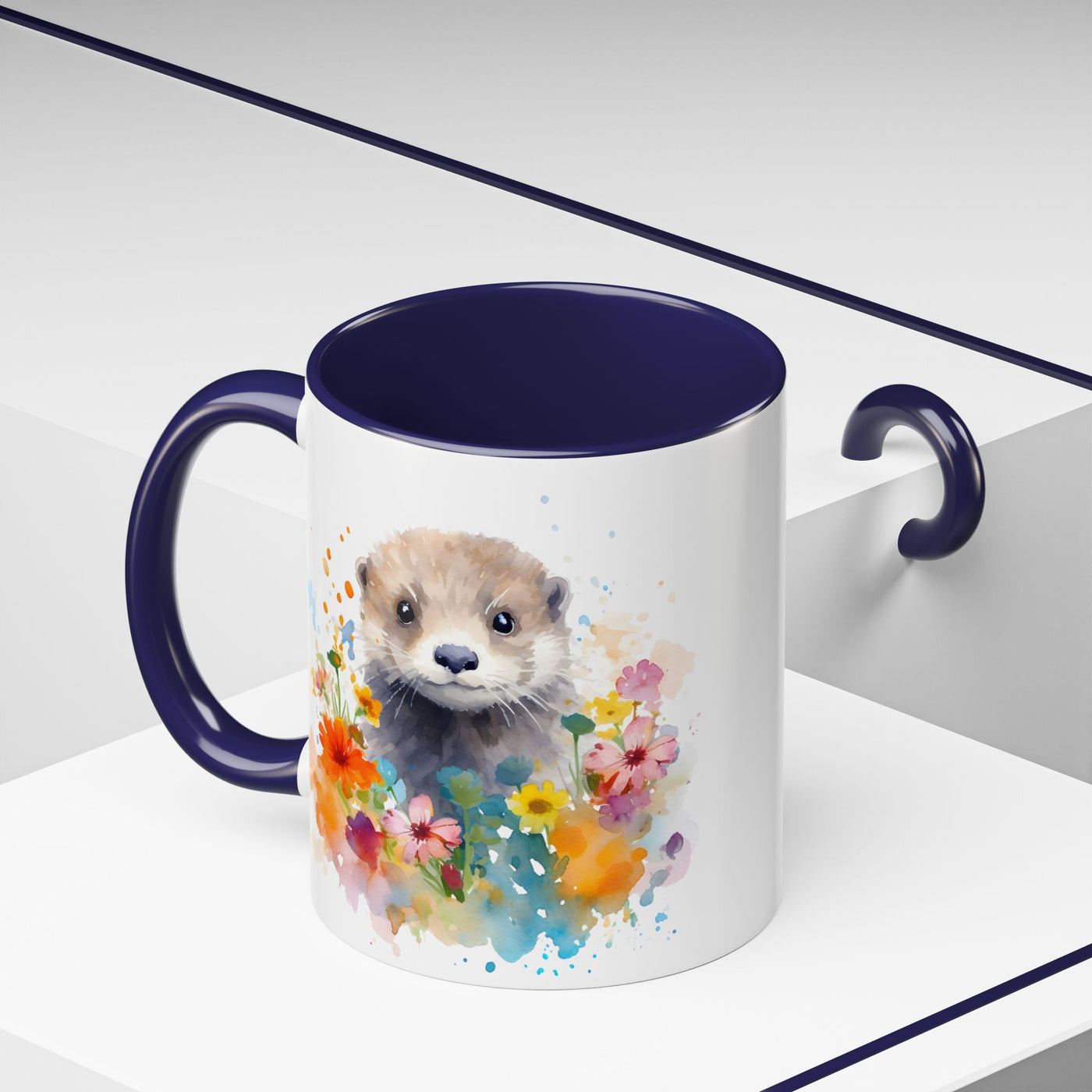 Cute Otter Floral Coffee Mug, Watercolor Animal Lover Gift, Red Handle Ceramic Cup Colorful Otter Coffee Mug, Floral Design, Cute Animal Mug Printify