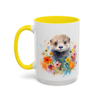 Cute Otter Floral Coffee Mug, Watercolor Animal Lover Gift, Red Handle Ceramic Cup Colorful Otter Coffee Mug, Floral Design, Cute Animal Mug Printify