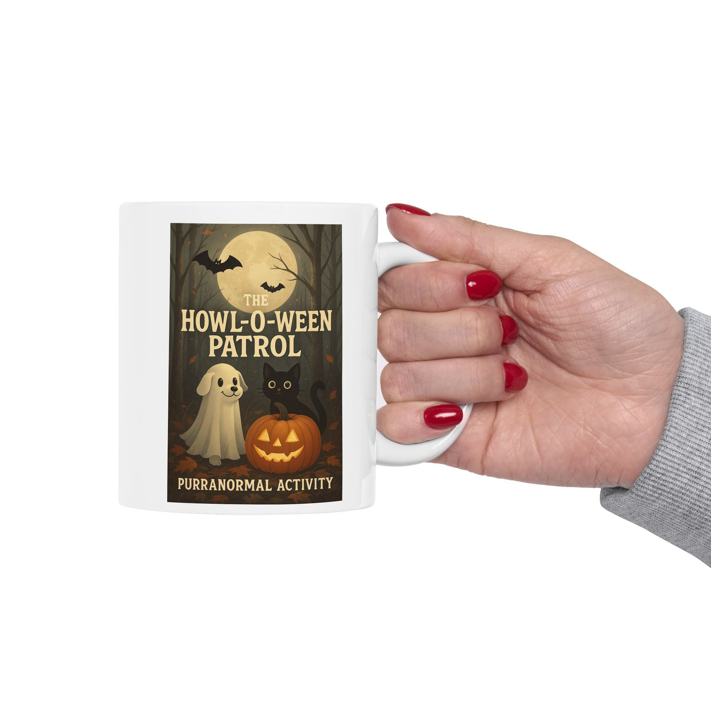 Spooky Halloween Mug, Ghost Pup, Black Cat, Pumpkin Design, Gift for Pet Lovers, 'Purranormal' Activity, Coffee Tea Hot Cocoa Cup, Vibrant Printify