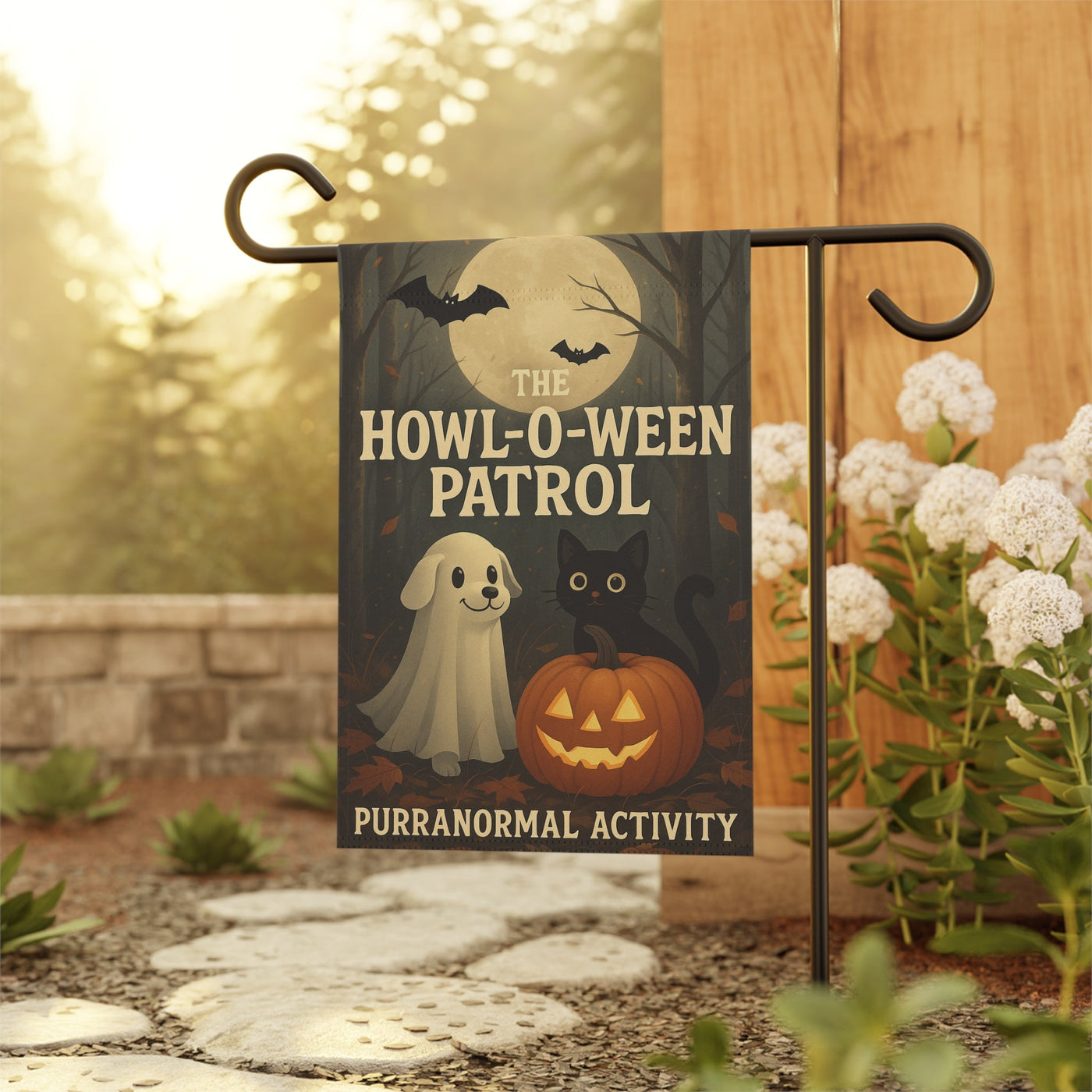 Howl-O-Ween Garden Flag, Cute Dog Cat Halloween Yard Decor, Fall Outdoor Flag for Porch, Pet Lovers Holiday Decoration Printify