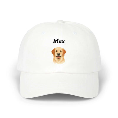 white classic dad cap with Max text and dog illustration embroidered on front