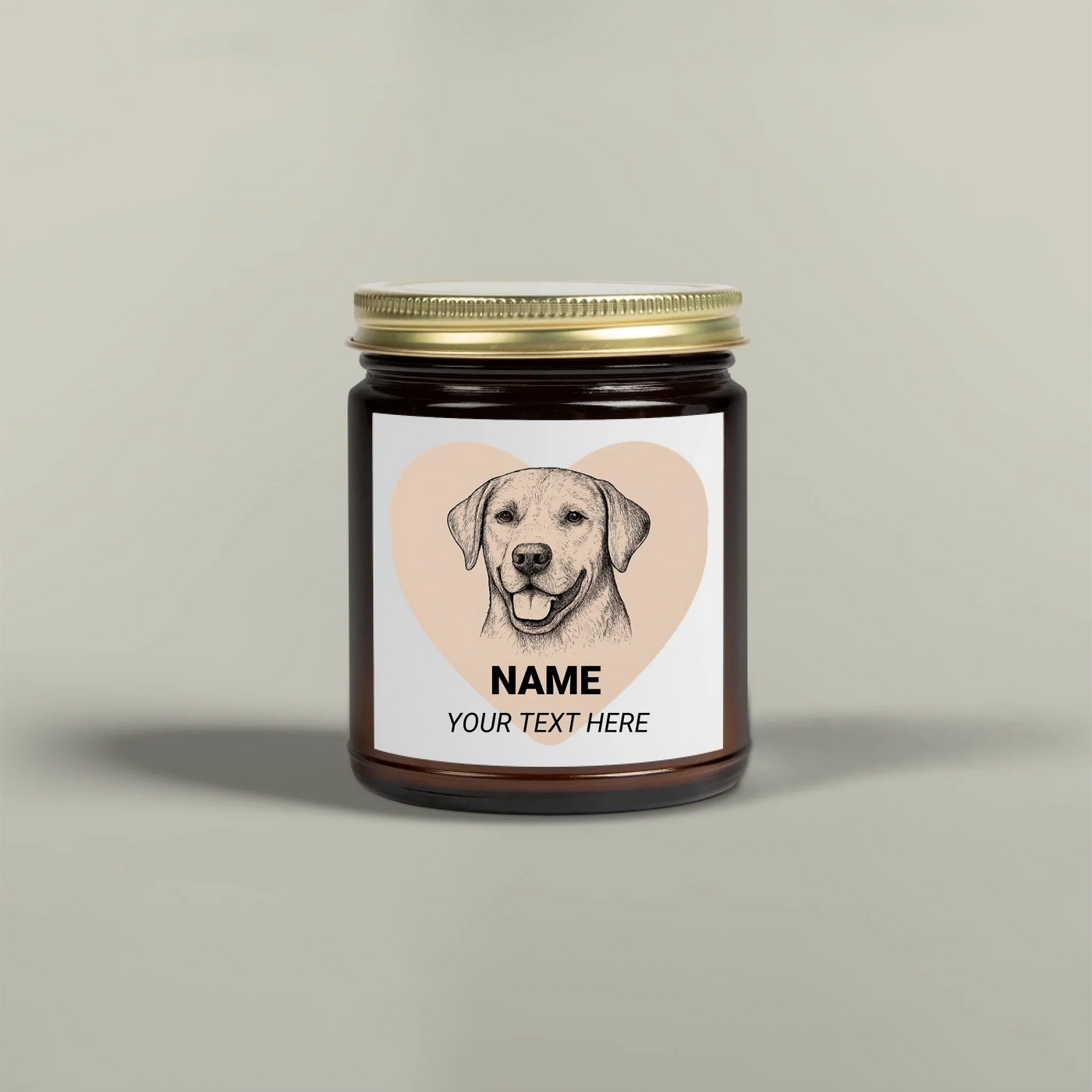 Amber glass scented candle jar with gold lid featuring a dog illustration label, made from coconut apricot wax with cotton wick.