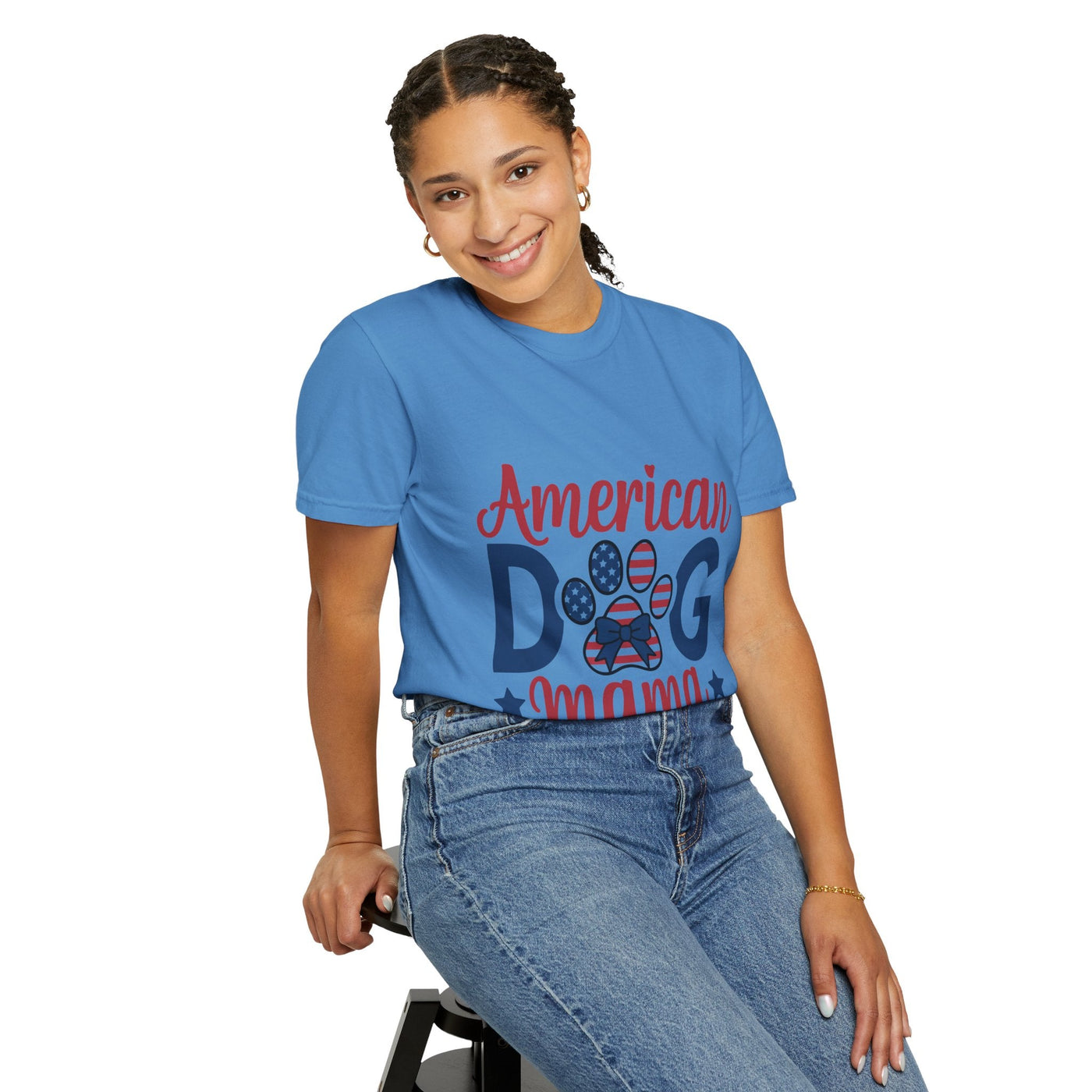 American Dog Mama Shirt - Patriotic Dog Mom T-Shirt - USA Flag Paw Print Tee - 4th of July Dog Lover Gift for Women - 4th of July Apparel Printify