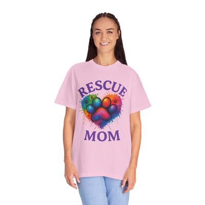 Rescue Mom T-shirt - Colorful Paw Print Shirt for Dog Lovers, Animal Rescue Volunteer Gift Printify
