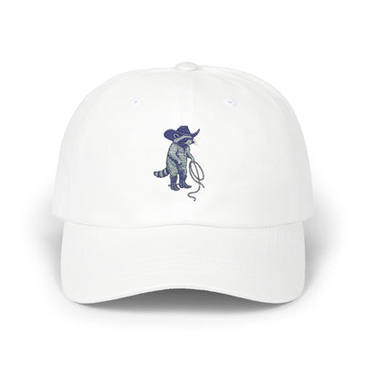 Embroidered Cowboy Raccoon Cap, Animal Lover Hat, Western Style Dad Hat, Beige Cotton Low-Profile Baseball Cap, Quirky Fashion Accessory Printify