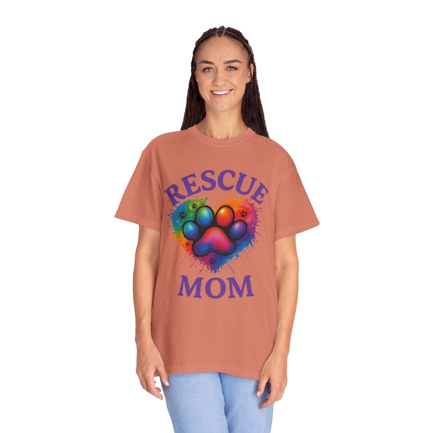Rescue Mom T-shirt - Colorful Paw Print Shirt for Dog Lovers, Animal Rescue Volunteer Gift Printify