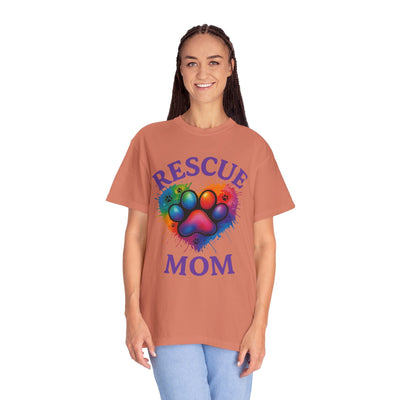 Rescue Mom T-shirt - Colorful Paw Print Shirt for Dog Lovers, Animal Rescue Volunteer Gift Printify