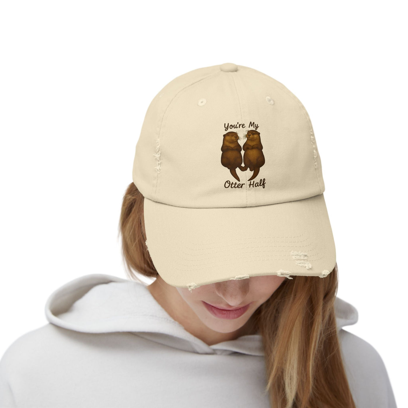 Cute Otter Couple Distressed Cap, Funny Gift, Unisex Hat, Couple Cap, Valentine's Day, Matching Accessories, Animal Lover Essentials Printify