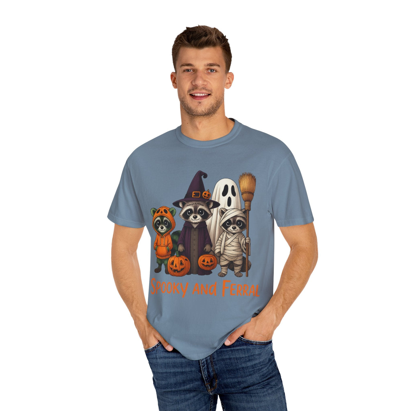 Halloween Raccoon T-shirt, Spooky Season Unisex Tee, Fall Atmosphere Ghosts Witches Costume Party Shirt, Festive Holiday Adult Clothing - Clawsy.store