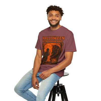Halloween Retro Horror Night T Shirt   Vintage Werewolf Campfire Scene, Spooky Forest Graphic Tee for Halloween Lovers Printify