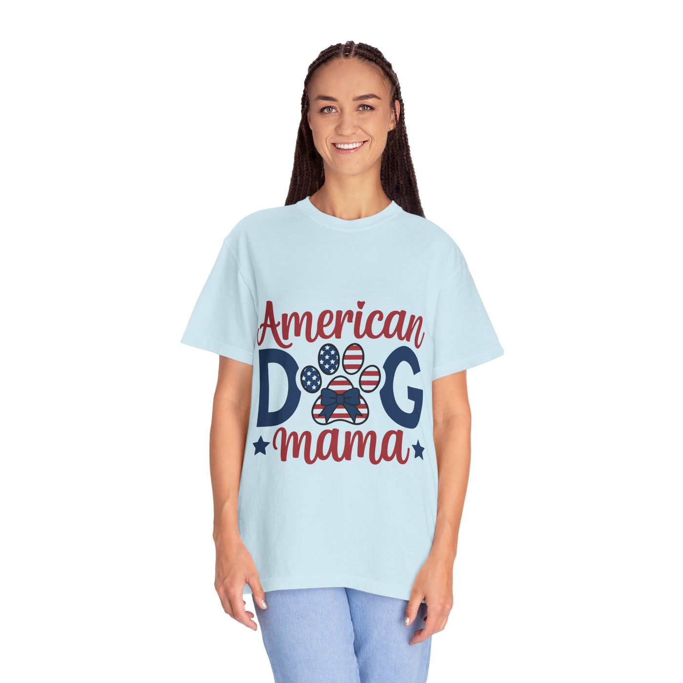 American Dog Mama Shirt - Patriotic Dog Mom T-Shirt - USA Flag Paw Print Tee - 4th of July Dog Lover Gift for Women - 4th of July Apparel Printify