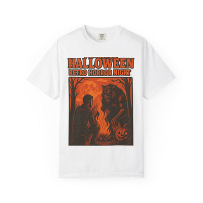 Halloween Retro Horror Night T Shirt   Vintage Werewolf Campfire Scene, Spooky Forest Graphic Tee for Halloween Lovers Printify