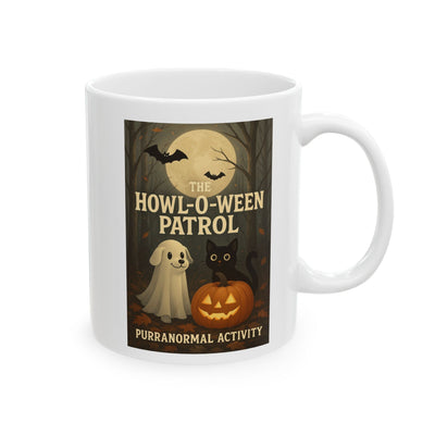 Spooky Halloween Mug, Ghost Pup, Black Cat, Pumpkin Design, Gift for Pet Lovers, 'Purranormal' Activity, Coffee Tea Hot Cocoa Cup, Vibrant Printify