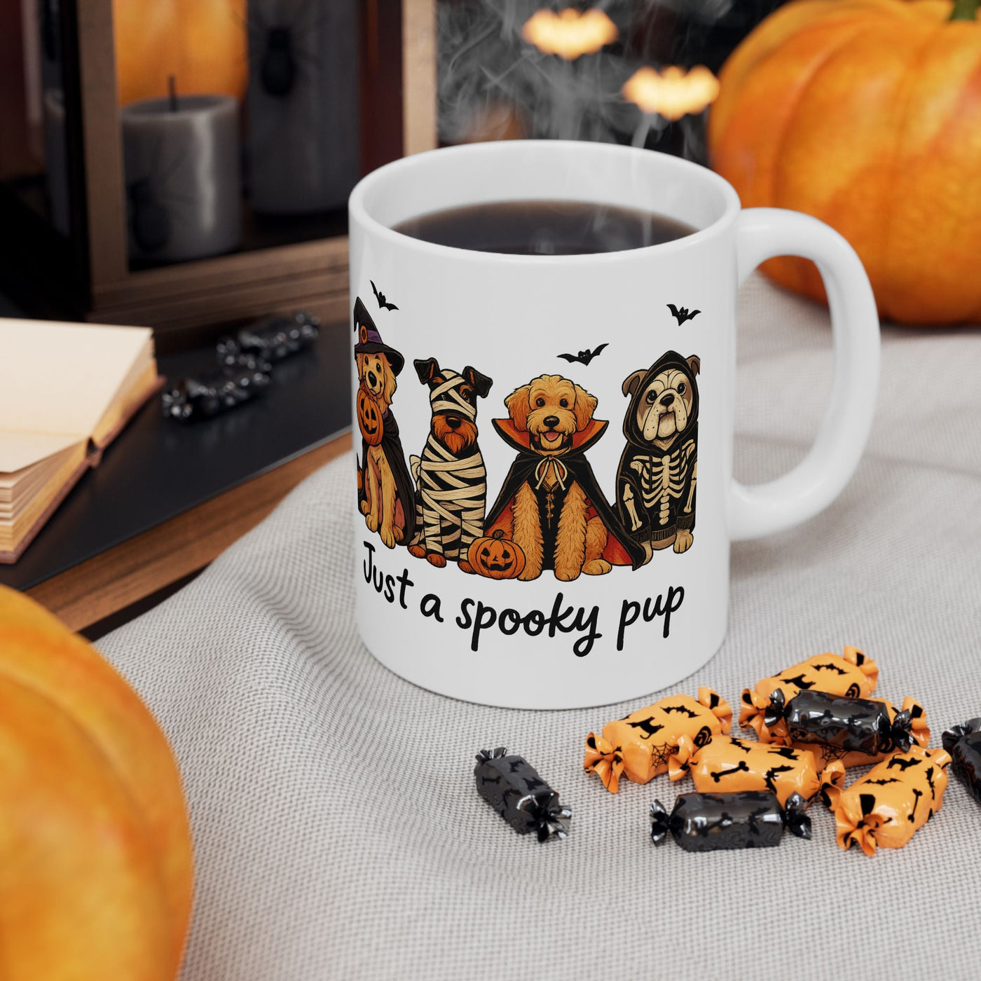 Just a Spooky Pup Mug, Halloween Dog Cup for Pet Lovers, Festive Coffee Mug 11oz 15oz, Witch Mummy Vampire Skeleton Gift, Autumn Decor Home Printify