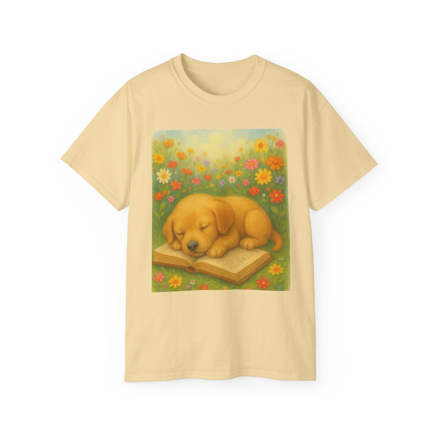 Cozy Literary Pup Tee, Cute Dog Shirt, Book Lover Gift, Floral Graphic Tee, Animal Lover Apparel Printify