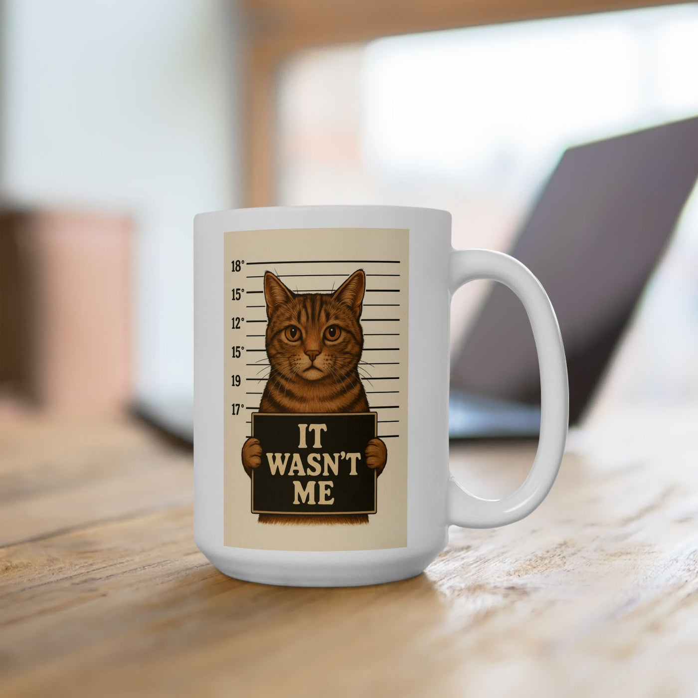 Ceramic Mug - It Wasn't Me Cat Mugshot Design, Funny Cat Lover Gift, Retro Text, Humorous Palette, Cat Parent Gift, Office Mug, Cat Truth Printify